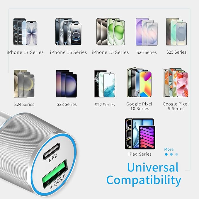 67.5W White Car Charger USB C Super Fast Charging, 45W USBC&QC3.0 Port Plug for iPhone 17 Pro Max/Air/16/15/iPad, Samsung S26 Android Cell Phone, Dual 12V Cigarette Lighter Adapter+3 ft Type C Cable