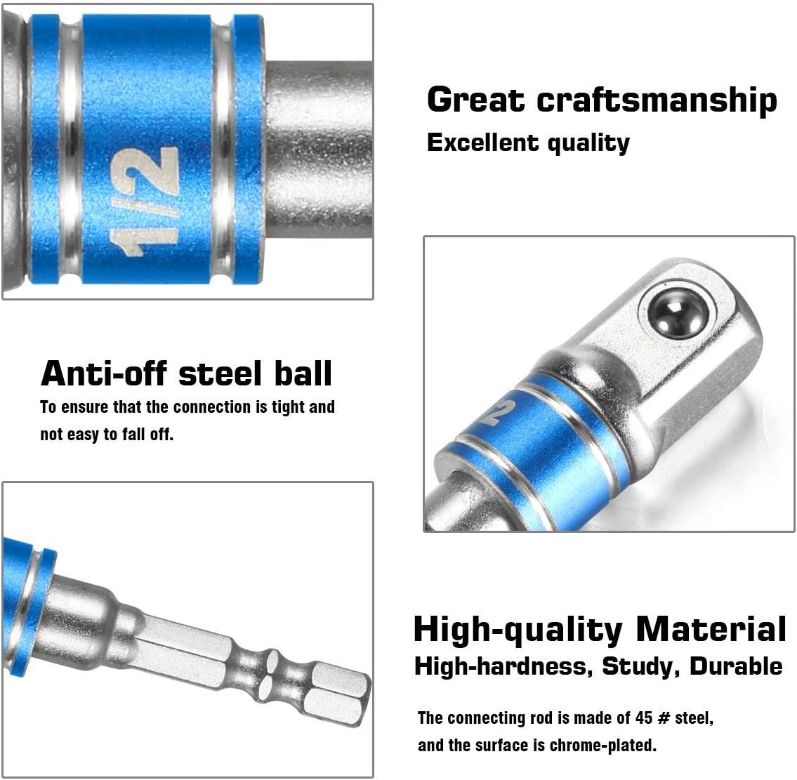 Impact Grade Socket Adapter/Extension Set Turns Power Drill Into High Speed Nut Driver,1/4-Inch Hex Shank to Drive for Adapters to Use with Drill Chucks, Sizes 1/4" 3/8" 1/2", Cr-V, 3-Piece