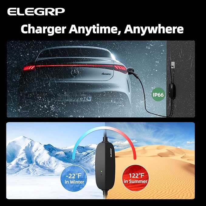 ELEGRP Level 1/2 EV Charger, 16 Amp, Portable J1772 Electric Car Charger, 16FT Cable, NEMA 6-20 & 5-15 Adapter, 110V-240V for BEVs/PHEVs, PBE & LRC Technology