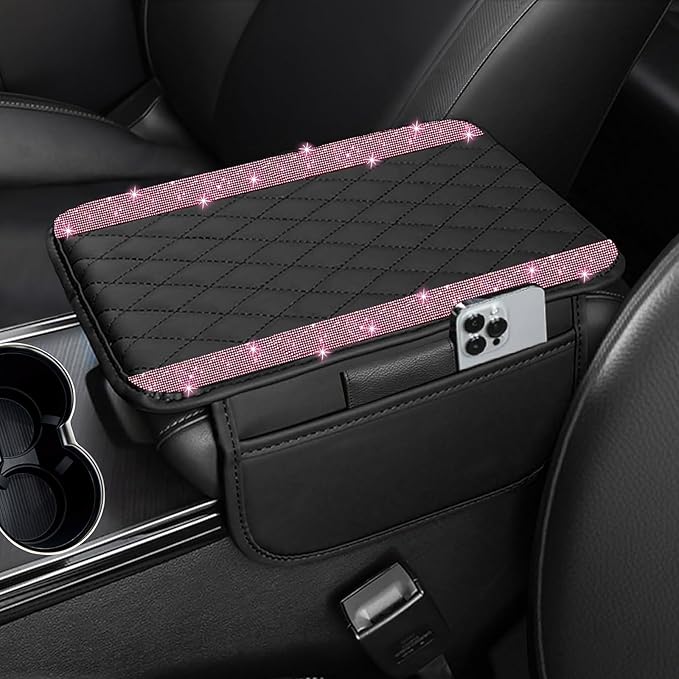 NBTEPEM Bling Car Center Console Cover, Leather Car Arm Rest Cover Cushion with 2 Storage Bags, Universal Automotive Armrest Protector Storage Box, Bling Accessories Interior for Most Vehicles (Pink)