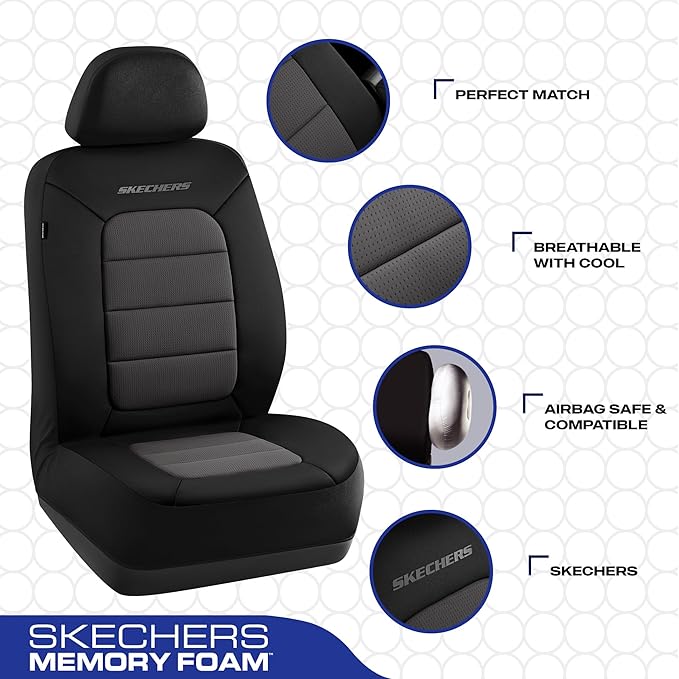 Skechers Memory Foam Seat Covers,Thick Cool Touch Fabric Seat Covers,Front Seat Covers Airbag Compatible,Automotive Comfort Protection for Most Cars,Vans,Trucks,SUV,Floor Grey
