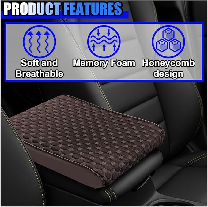 Cool Car Center Console Cushion Pad, Comfortable Ice Silk Car Armrest Cover, Breathable Vehicle Armrest Seat Box Pad Memory Foam, Auto Interior Protection Accessories, Universal for Summer (Coffee)