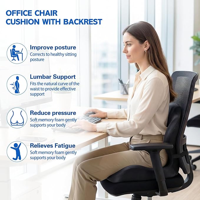 Office Chair Cushion for Tailbone & Back Pain Relief, Strong Lumbar Support Ergonomic Cushions, Comfortable Memory Foam Cushion for Pain Relief, Suitable for Office Chairs, Home Chairs, Car