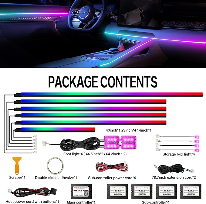 Dreamcolor Acrylic Interior Car LED Strip Light with Wireless APP Control, RGB 14-in-1 Ambient Lighting Kit with Music Sync, Dynamic Color Chasing Neon Light Kits for Car Interior