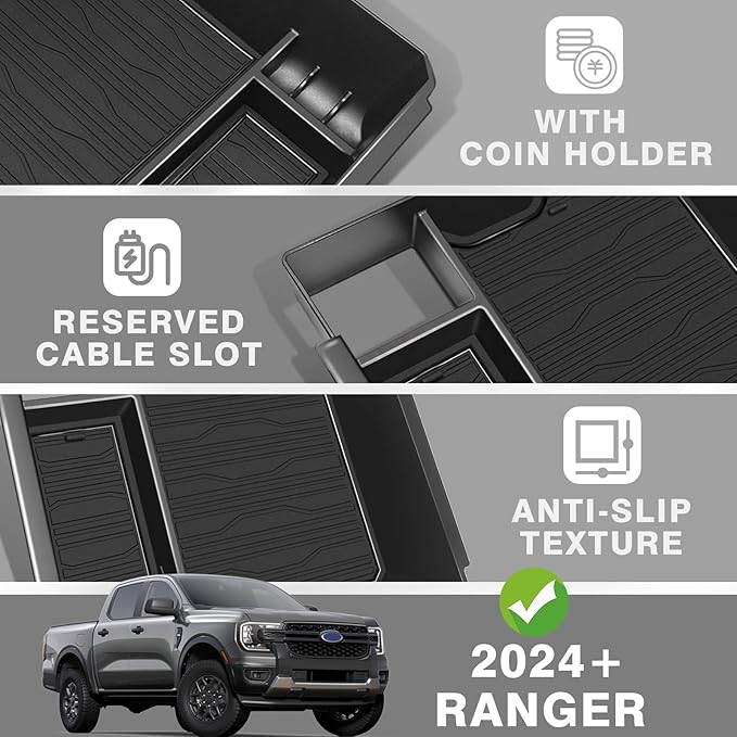 Muslogy Center Console Organizer Compatible with Ford Ranger XL XLT Lariat 2024 2025 2026 & Raptor Accessories Middle Console Storage Box Insert Tray ABS Material Divider with Insert Mats (Black)
