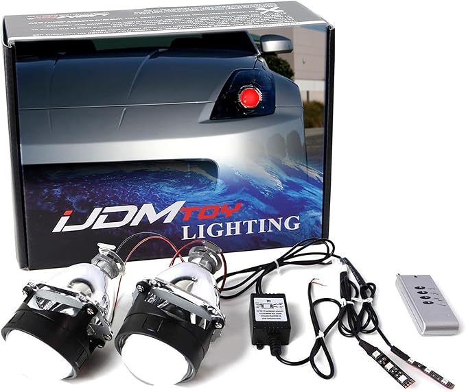 iJDMTOY Mini 2.5-Inch H1 Bi-Xenon Front Lighting Retrofit Projector Lens w/RGB Color-Changing LED Demon Eye Lighting Kit Compatible with Custom Lighting DIY For Off-Road Use Or Show Purpose