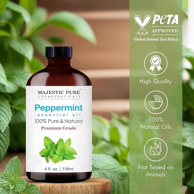 Majestic Pure Essential Oil with Glass Dropper - 100% Pure and Natural - Essential Oils for Diffuser, Aromatherapy, Soap and Candle Making, Peppermint Essential Oil, Peppermint Oil, 4 Fl Oz
