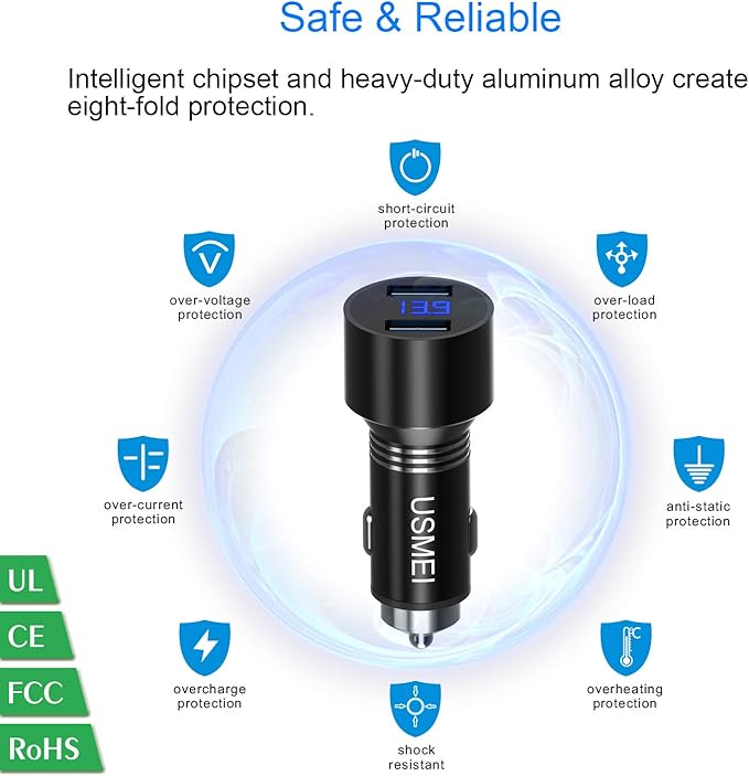 Car Charger, USMEI Quick Charge 3.0 Dual USB Charger Adapter with Voltmeter, Compatible with iPhone 15/14/13, Samsung S24/S23/S22/Note 20/10 and More