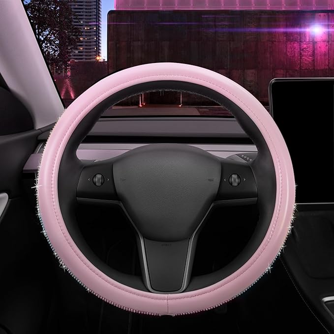 Carbella Pink Diamond Bling Steering Wheel Cover,Standard 15 Inch Size Fits Most Vehicles, Cute Faux Leather Car Steering Cover with Rhinestone Crystal, Car Accessories for Women