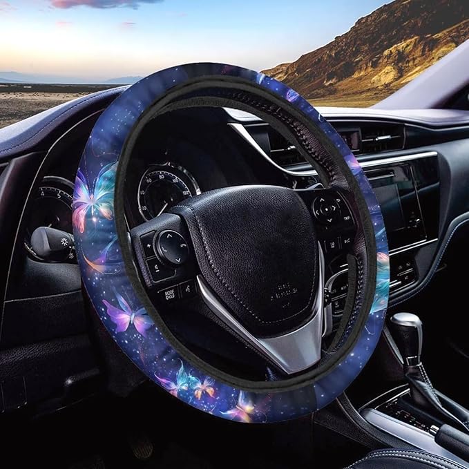 AFPANQZ Galaxy Butterfly Steering Wheel Covers for Women Car Accessories Interior Decor Car Steering Wheel Covers Anti-Slip Soft Grip 14-15 inch Stretch-on Steering Wheel Protector Cover