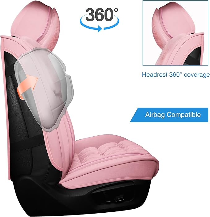 AOOG Fuzzy Car Seat Covers, Heated Bench Back Cushion Protector for Cars SUV Trucks(Full Set,Pink)