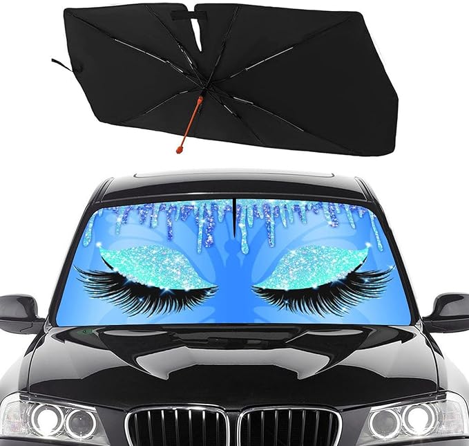Socira Gorgeous Eyelash Car Windshield Sunshade Umbrella Foldable Visor Umbrella Sun Shade Cover Sunshade Front Window Cover Car Accessories Blocks Uv Rays (57" X 30")