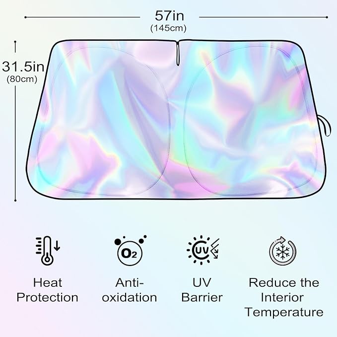 Iridescent Sun Shade for Car Windshield, Foldable Universal Car Windshield Upgrade Sunshade Enhanced UV Rays Reflective Sun Visor Shade Keeps Vehicle Cool