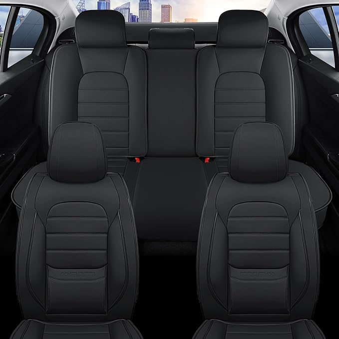 Car Seat Covers Full Set, 5Pcs Universal Leather Seat Covers for Cars, Waterproof Front and Rear Seat Covers Breathable Automotive Vehicle Seat Cover for Most Trucks, SUVs, Sedans, Black