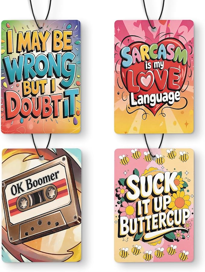 Funny Groovy Y2K Car Air Freshener 4 Pcs, Sarcastic Humorous Quote Hanging Air Freshener for Cars Closet Drawer Books, Funny Sarcastic Gifts Car Accessories for Women