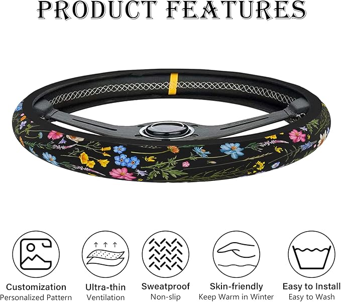 Wildflower Car Steering Wheel Cover, Flower Car Accessory for Diverse Cars, Cute Floral Print Steering Wheel Cover Protector for Women, for Steering Wheel with a Diameter of 14.5"-15" (Wildflower)