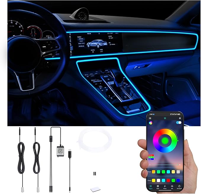 USB Car Ambient Lighting Optic Fiber 64 Colors Music Sound Active with APP Control Car Decorative Atmosphere Lighting Kit DC 12V 1W 3m
