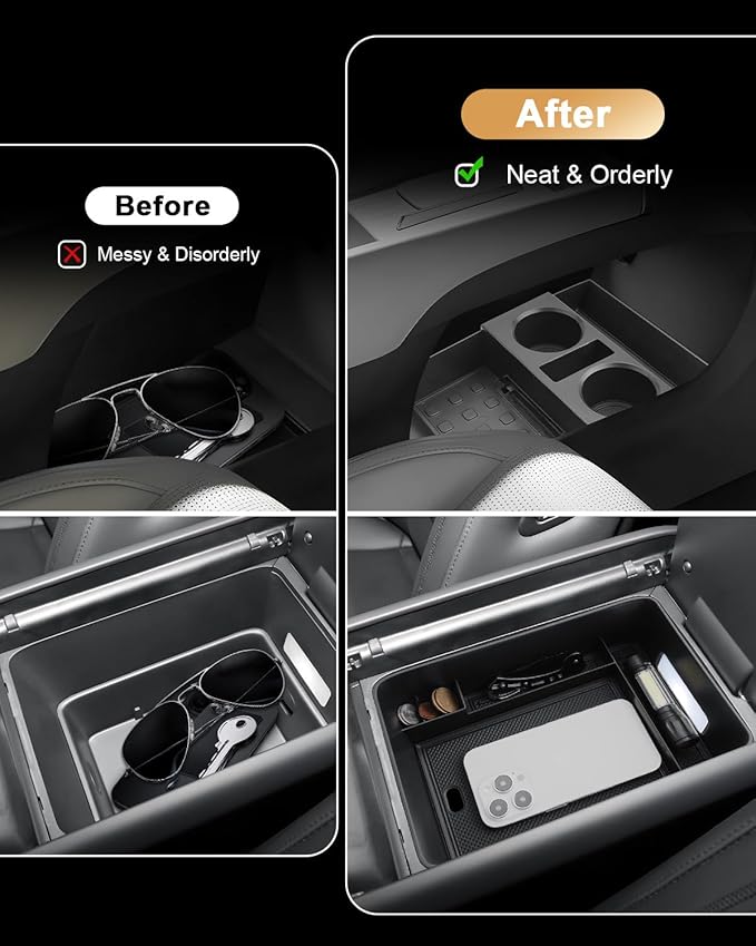 ECOZEN 2026 Santa Fe Center Console Organizer - 2 Pcs Armrest Box Storage Tray + Lower Center Console Tray With Extra Two Cup Holders For 2024-2026 Hyundai Santa Fe/Hybrid Interior Accessories