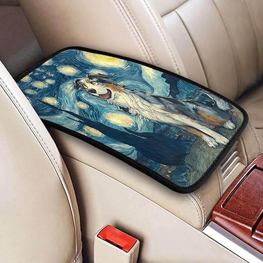 Starry Night Cute Blue and Brown Dog Car Auto Armrest Cushion Cover Accessories Center Console Seat Box Pad Protector Universal Decoration for Most Vehicle SUV Truck