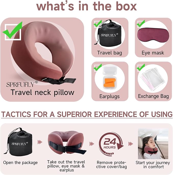 SPRFUFLY Super Soft Travel Pillow, 100% Memory Airplane Pillow with Sleep Mask and Ear Plugs, Breathable Removable Cover & Ergonomic Design - Essentials Neck Pillow for Airplane, Office & Home Use