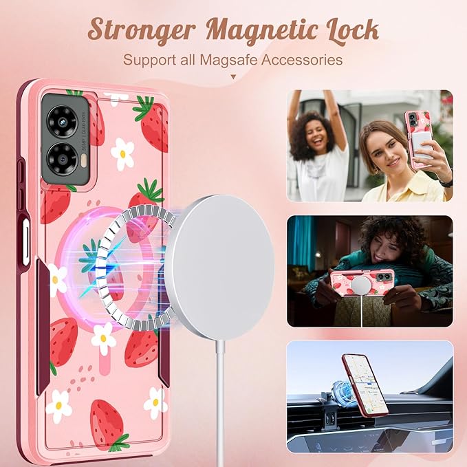 for Moto G 5G 2024 Case - Compatible with MagSafe Women Girls Cute Magnetic Protective Phone Cover Girly Kawaii Strawberry Heavy Duty Shockproof Design for Motorola Moto G 5G 2024 Cases