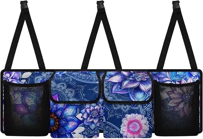 Boho Style Trunk Organizer with Lid Car Women Mandala Floral Blossom Back of Seat Car Organizer for SUVs Sedans