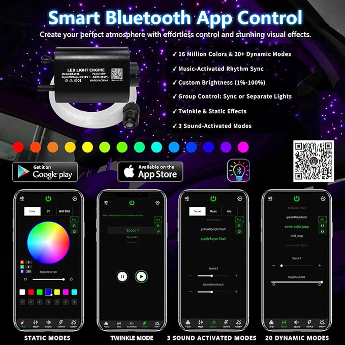 Starlight Headliner Kit - 200pcs 0.03in 6.5ft Fiber Optic Star Lights for Car with 16W RGBW, Twinkle/Meteor Music Sync, APP/Remote Control for Car Roof/Bedroom Ceiling