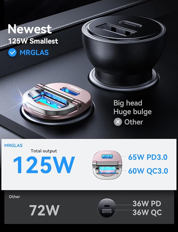 MRGLAS 125W USB C Car Charger, [Mini & Metal] USB C Car Charger Adapter Fast Charging PD65W & QC60W Dual Port Type C Car Cigarette Lighter USB Charger for iPhone 16 15 14 Pro Max S25 MacBook-Pink