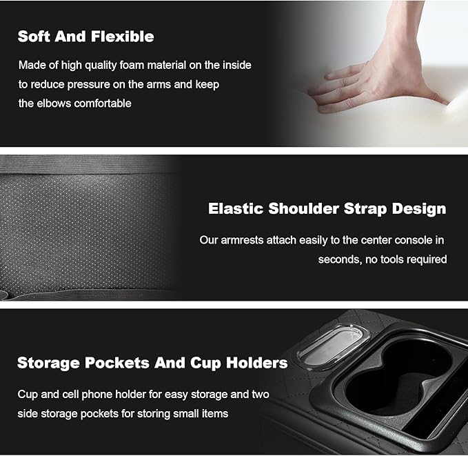 Car Center Console Armrest Pillow, Multifunctional Armrest Box Cover with Cup Phone Tissue Holder & Side Pockets, Waterproof Leather Middle Console Cushion for Most Vehicles (Black, Embroidered)