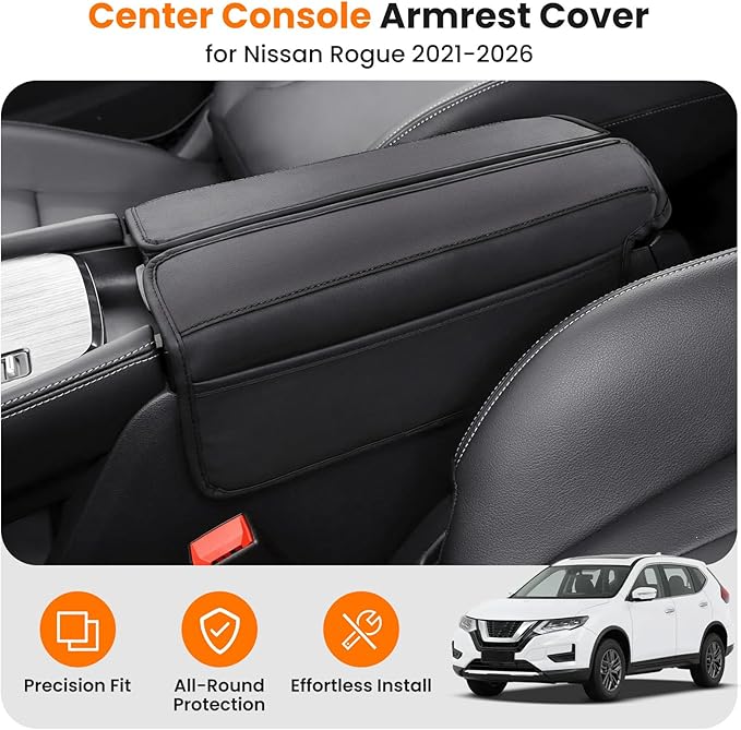 Center Console Armrest Cover for Nissan Rogue 2021-2026, Middle Console Pad Lid Cover Protector Elbow Arm Rest with Side Pockets, Rogue Interior Accessories, PU Leather (Black Stitches)