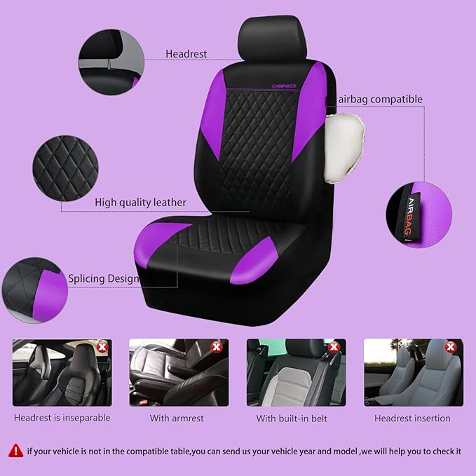 CAR PASS Purple Leather Seat Covers, Quilting Pretty Car Seat Cover with 5mm Composite Sponge Inside,Airbag Compatible,Universal Fit for Most Sedan SUV Van Truck (Full Set,Purple)