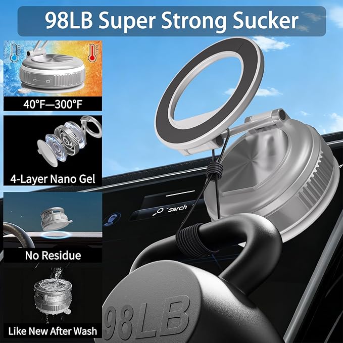 JKSML Magnetic Car Phone Holder [98LBS Strongest Suction & 2800gf Magnetic] 360° Adjustable Foldable Car Mount for Magsafe, Versatile for Car/Gym/Mirror Mount/Daily Stand, for iPhone&Android, Sliver