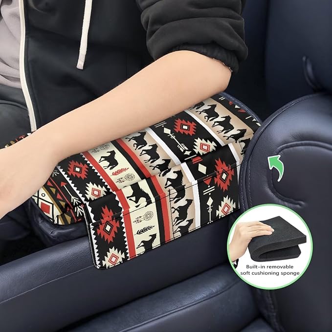 Dreaweet Aztec Horse Car Center Console Cover with Pockets Soft Thick Car Armrest Cushion Non Slip Scratch Proof Car Arm Rest Cover Pad Universal for Most Vehicles