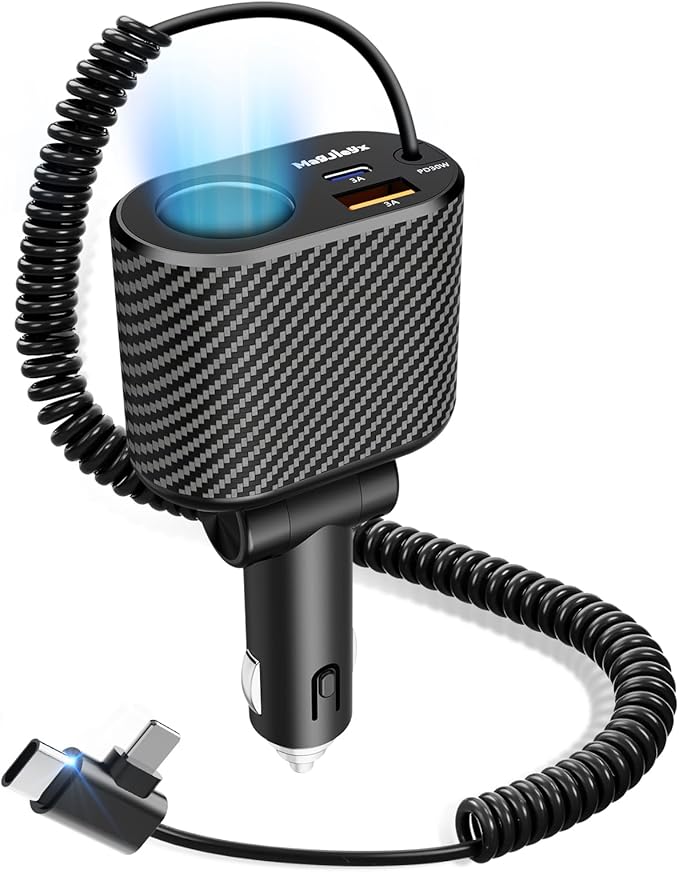 180W Retractable Car Charger Cigarette Lighter Splitter, Fast Charging Socket with Replaceable Fuse, Dual Cables for Type-c&Lightning Cord Fits for Dash Cam/Laptop/iPad/iPhone/Galaxy