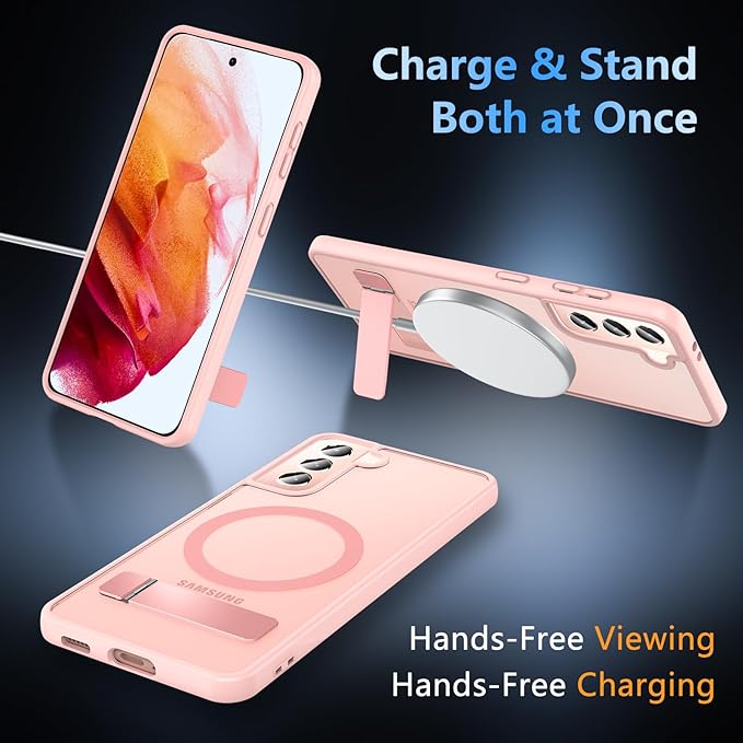 OWKEY for Samsung Galaxy S21 Case with Stand, Magnetic Shockproof Case Fit for Magsafe Translucent Matte Cover for Samsung S21, Pink