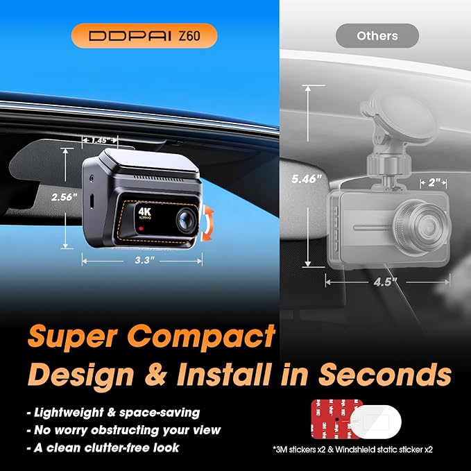 DDPAI 4K Dash Cam Front and Rear,Built-in 32G eMMC Dual Dash Car Camera,64GB Card Included Dashcam,Night Vision Dash Camera,5GHz WiFi,7 Days Parking Mode,GPS,3" IPS,ADAS,WDR,Support 512GB,Z60