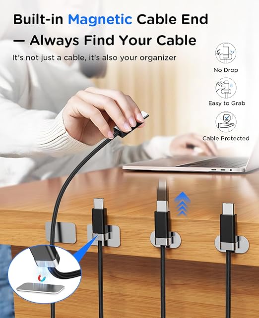 Magtame USB A to USB C Cable 3.3FT, Braided StayCable Built-in Magnetic Holder for Nightstand, Desk&Car, USB Type C Data Cord with 2 Adhesive Metal Plates for iPhone 17,16