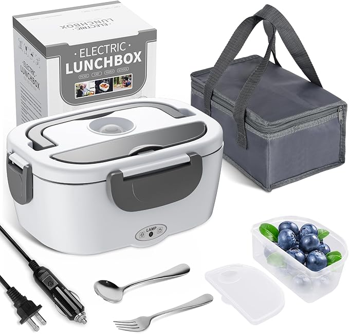 Electric Lunch Box Food Heater, 3 in 1 Ultra Quick Heated Lunch Boxes for Adults, 12V/24V/110V Portable Food Warmer for Car/Truck/Office With Fork Spoon and Insulated Carry Bag