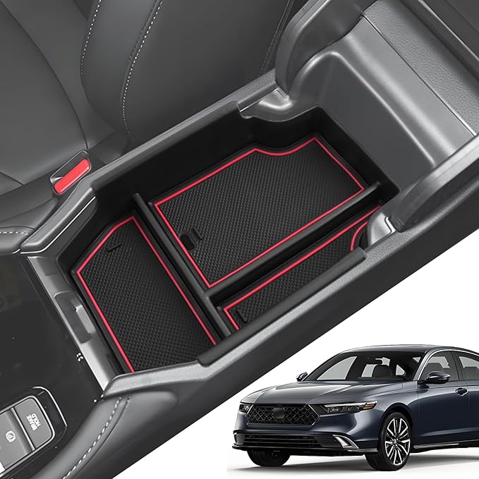 Center Console Organizer for Honda Accord 2025 2024 2023 Armrest Insert Storage Tray with Non-Slip Rubber Mat Accord Organiser Accessories, Red