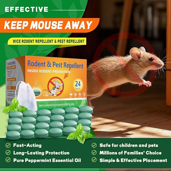 Mouse Rodent Repellent 24 Pack, Peppermint Oil Balls for Rodents Outdoor and Indoor Use, Deterrent Rats Mice Repellent for Car,Kitchen