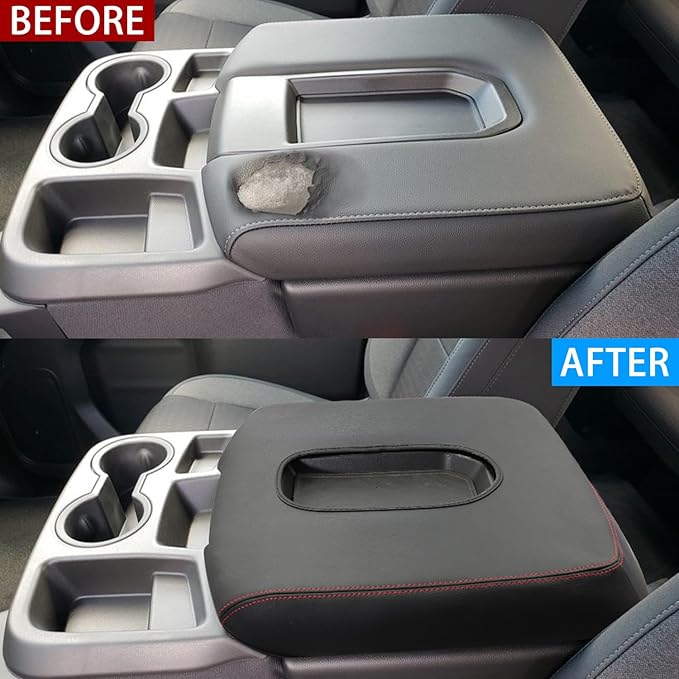 Center Console Armrest Cover for Chevy Silverado/GMC Sierra Accessories 2019-2024 2025 Arm Rest Box Pad Middle Console Lid Cushion Leather Protective Case Only for Jump Seat (Red Stitches)