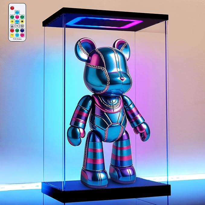 Clear Acrylic Display Case with Light for bearbrick, Multiple Color Lights Dustproof Protection Display Box for Collectibles Action Figures（9.8×8×15.7inch）