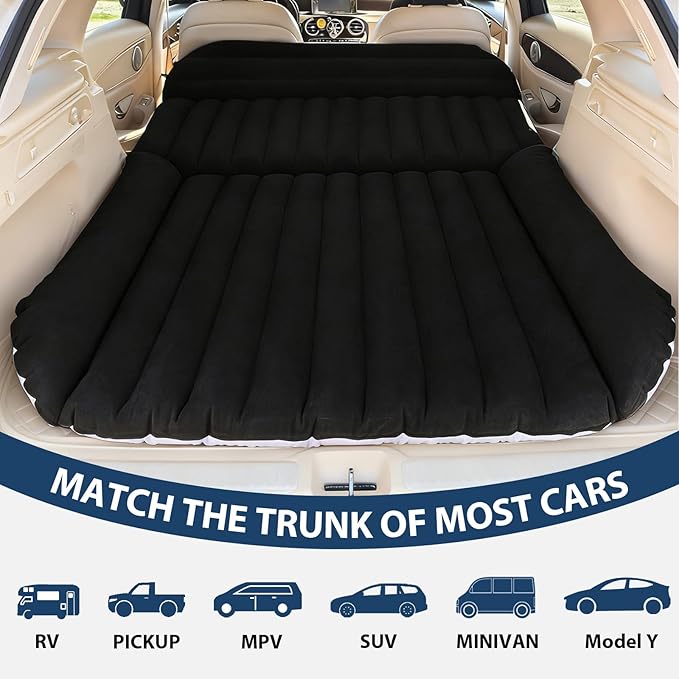 SUV Car Air Mattress – Inflatable Back Seat Bed with Electric Air Pump, Portable Camping Travel Sleeping Pad, Blow Up Car Bed (Black)