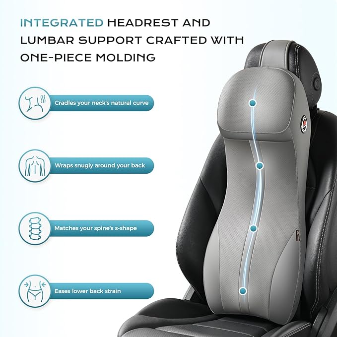 Coverado Upgraded Lumbar Support Pillow and Car Neck Pillow, Ergonomic Memory Foam Integrated Car Cushion Back Neck Support Pillow, Soft Leather Cushion Back Pain Relief for Car Seat Driving, Gray