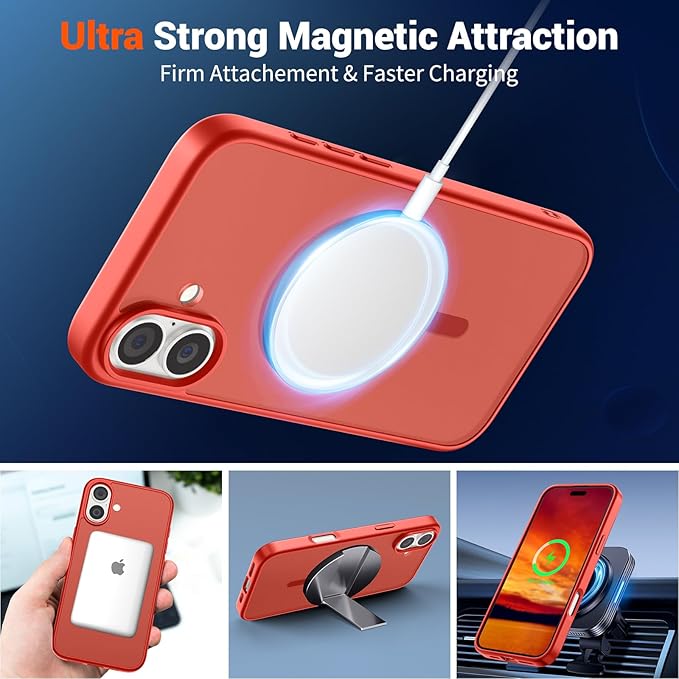 SUPFINE Magnetic for iPhone 16 Plus Case (Compatible with MagSafe) (Military Grade Drop Protection) Slim Translucent Matte Shockproof with Anti-Fingerprint Phone Case, Red