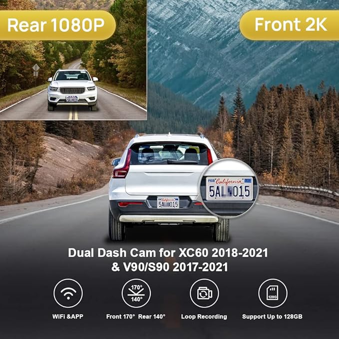 Fitcamx 2K Dual Dash Cam Suitable for Volvo S90 V90 2017-2021 & XC60 2018-2021 T5 T6 (Model A), OEM Look, Front 1440P+ Rear 1080P HD Video, WiFi & APP, Loop Recording, G-Sensor, Easy to Use, 64GB Card