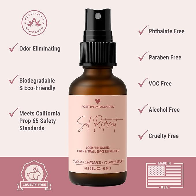 Sol Retreat Luxury Small Space Air & Linen Freshener Spray - Sugared Mango + Coconut Milk - Artisan Blended Home Fragrance - Non Toxic Room Spray + Odor Eliminator - 2 oz Travel Size