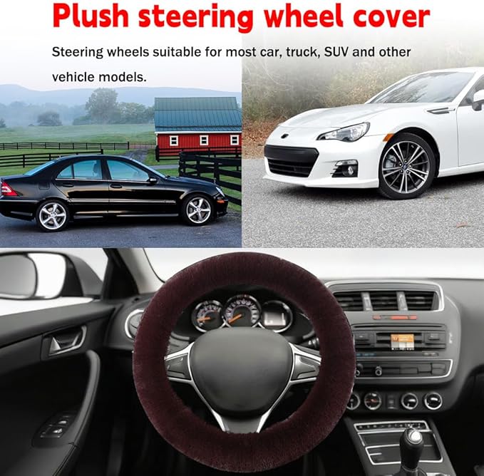 Fluffy Steering Wheel Cover, Winter Warm, Suitable for Most Car Steering Wheels in The 14-15 Inch Range (Coffee, 1PCS)