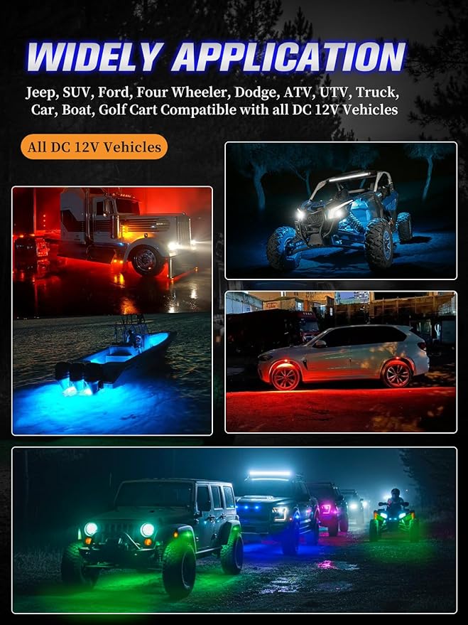 8 Pods RGB LED Rock Lights with APP/RF Remote Control High Brights Waterproof Underglow Multicolor Zone Neon Exterior Rock Lights for 12V Trucks Jeep UTV ATV RZR Offroad Pickup SUV Accessory