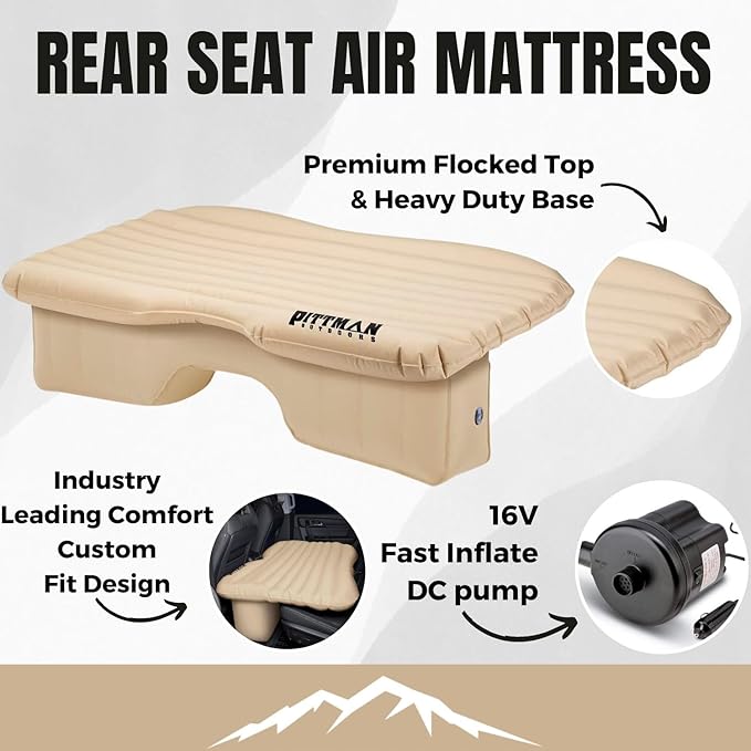 Pittman Outdoors Backseat Bed Air Mattress – 60” Rear Seat Air Mattress for Trucks, Vans & Large SUV – Includes Pump, Pillow & Storage Bag – Inflatable Back Seat Air Mattress – Tan